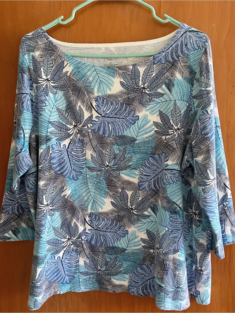 Talbots Women's Blue and Teal Leaf Print Top